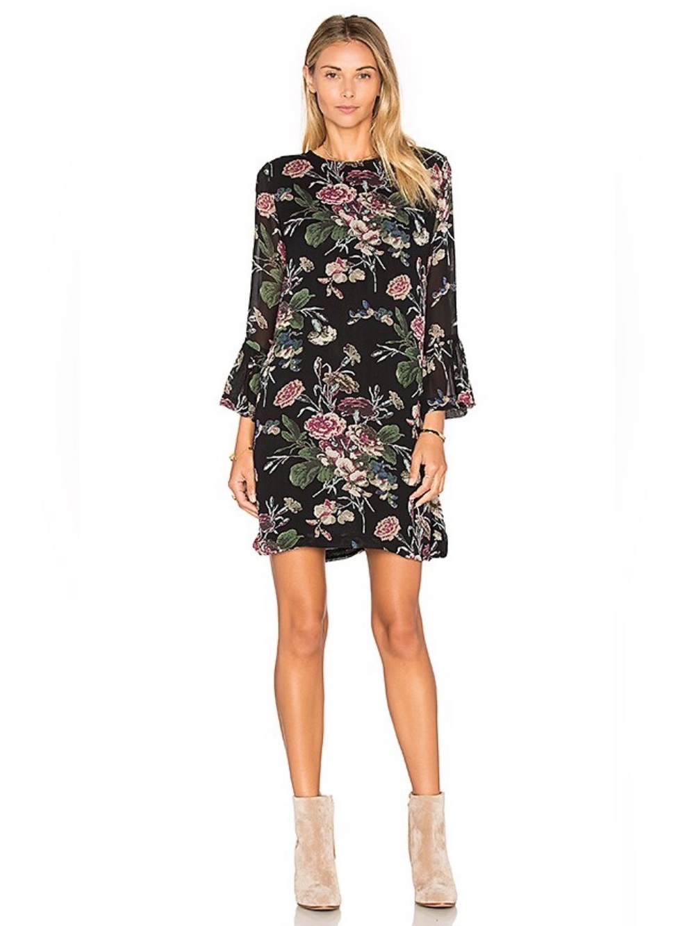 GANNI Bartlett Georgette Mini Dress – Black Bouquet